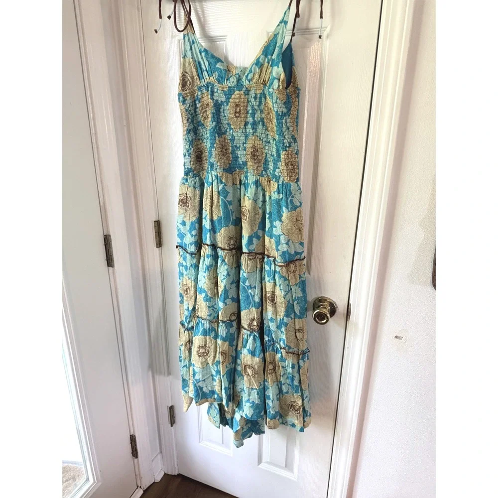 Free People Adriel Midi Dress Hawaiian‎ Ocean Combo Floral Smocked Large NEW
